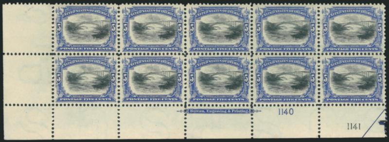 5c Pan-American (297).> Mint N.H. bottom left corner imprint and double plate nos. 11401141 block of ten, deep rich colors, remarkably detailed impressions, choice centering throughout<><>^EXTREMELY FINE GEM.
A STUNNING MINT NEVER-HINGED PLATE BLO