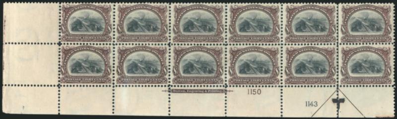8c Pan-American (298).> Bottom left corner imprint, arrow and plate nos. 11501143 block of twelve, two h.r., other ten Mint N.H., fresh and extraordinarily well-centered<><>^VERY FINE-EXTREMELY FINE. FABULOUS
8-CENT PAN-AMERICAN PLATE BLOCK AND A