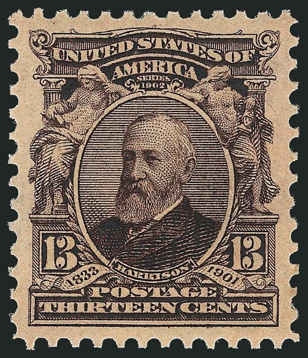 13c Purple Black (308).> Mint N.H., deep rich color, almost mathematically perfect centering with wide margins<><>^EXTREMELY FINE GEM. A BEAUTIFUL MINT NEVER-HINGED EXAMPLE OF THE 13-CENT 1902 ISSUE, WHICH HAS
BEEN GRADED SUPERB 98 BY P.S.E.^<><>