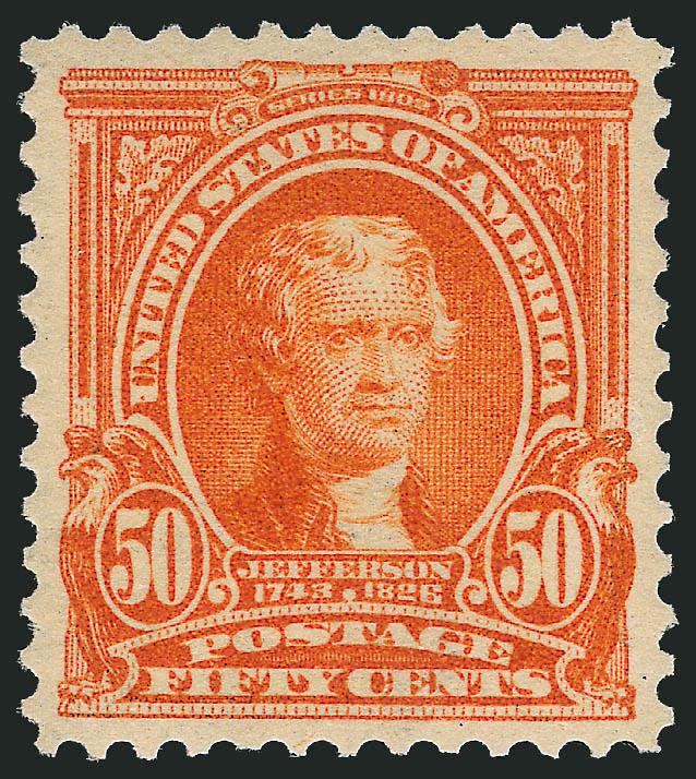 50c Orange (310).> Mint N.H., wide margins and precise centering, vibrant color on pristine paper<><>^EXTREMELY FINE GEM. A SUPERB MINT NEVER-HINGED EXAMPLE OF THE 50-CENT 1902 ISSUE.^<><>The 1902-03 Regular
Issue was a great improvement over the