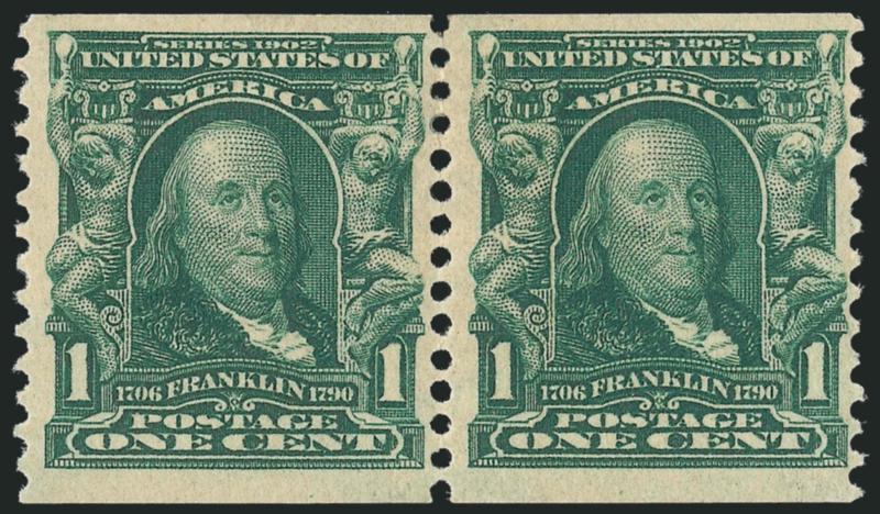 1c Blue Green, Coil (318).> Lightly hinged, deep rich color, proof-like impression, wide margins<><>^VERY FINE EXAMPLE OF THE RARE ONE-CENT 1908 HORIZONTAL COIL.^<><>With 1966 P.F. and 2010 P.S.E.
certificates