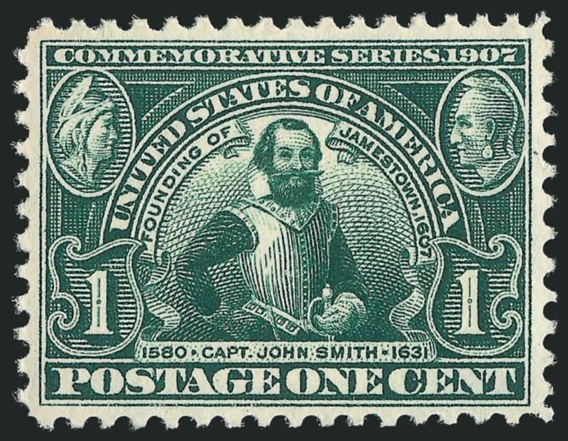 1c Jamestown (328).> Mint N.H., rich shade and intense impression, significantly better centering than usually found on this difficult issue, Extremely Fine Gem, with 2010 P.S.E. certificate (XF-Superb 95 SMQ
$630.00)