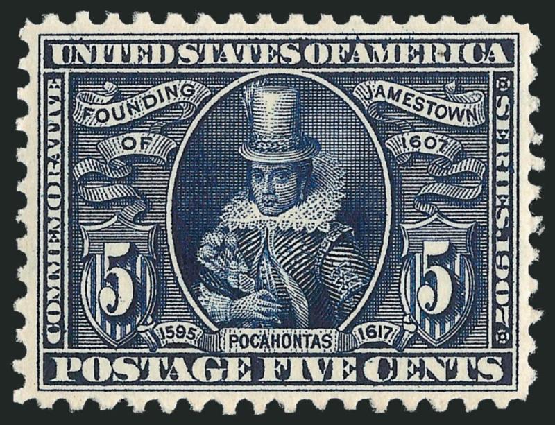 5c Jamestown (330).> Mint N.H., wide margins for this typically small-margined issue, choice centering on bright white paper, Extremely Fine Gem, with 2010 P.S.E. certificate (XF-Superb 95 SMQ
$2,500.00)