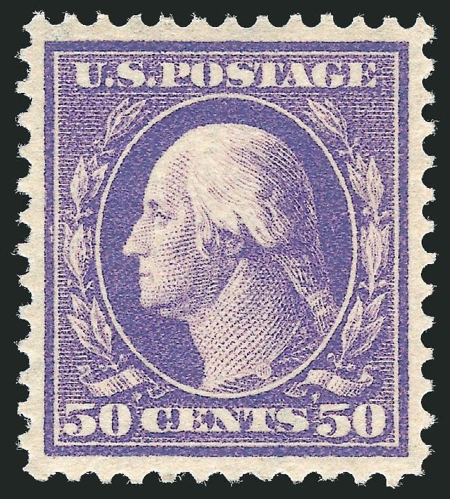 50c Violet (341).> Mint N.H., deep rich color on bright paper, beautiful centering for this difficult issue<><>^EXTREMELY FINE GEM. A SUPERB MINT NEVER-HINGED EXAMPLE OF THE 1909 50-CENT PERF 12 DOUBLE-LINE
WATERMARK ISSUE. THIS IS ONE OF THE MOST