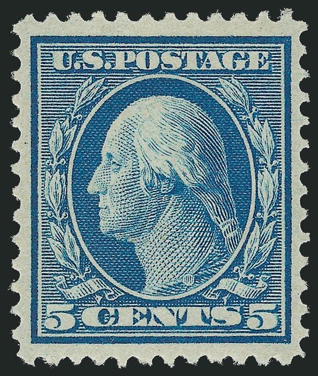 5c Blue, Bluish (361).> Mint N.H., rich color on deeply blued paper, perfect centering with unusually wide and balanced margins<><>^EXTREMELY FINE GEM. WITHOUT QUESTION THIS IS ONE OF THE FINEST MINT
NEVER-HINGED EXAMPLES OF THE 5-CENT WASHINGTON O