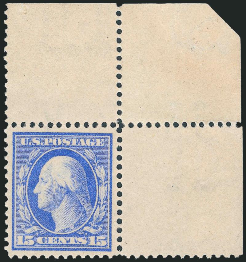 15c Pale Ultramarine, Bluish (366).> Mint N.H., from the top right corner of the sheet with <full 23mm corner selvage,> the stamp itself is perfectly centered with long full perforations all around, rich
color, remarkably fresh<><>^EXTREMELY FINE G