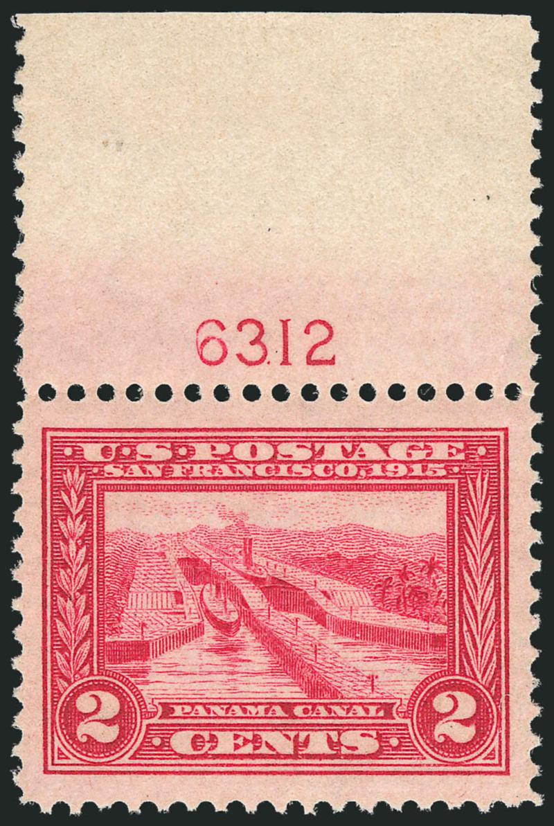 2c Panama-Pacific (398).> Mint N.H. with wide <plate no. 6312> selvage at top, brilliant color, Jumbo margins, Extremely Fine Gem, with 2005 P.S.E. certificate (XF-Superb 95 Jumbo SMQ $210.00 as 95, $875.00 as
98)