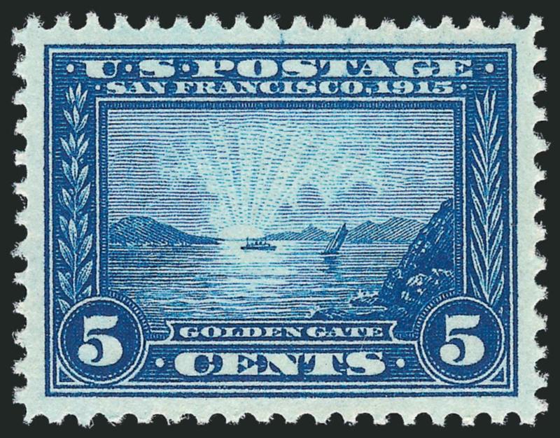 5c Panama-Pacific (399).> Mint N.H., radiant color on post-office fresh paper, beautiful centering with wide and balanced margins, Extremely Fine Gem, a stunning stamp, with 2010 P.S.E. certificate (Superb 98
SMQ $2,250.00)