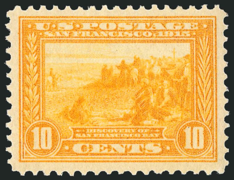 10c Orange Yellow, Panama-Pacific (400).> Mint N.H., vivid color, gorgeous centering with well-balanced margins, long and full perforations all around, Extremely Fine Gem, with 2010 P.S.E. certificate
(XF-Superb 95 SMQ $1,150.00)