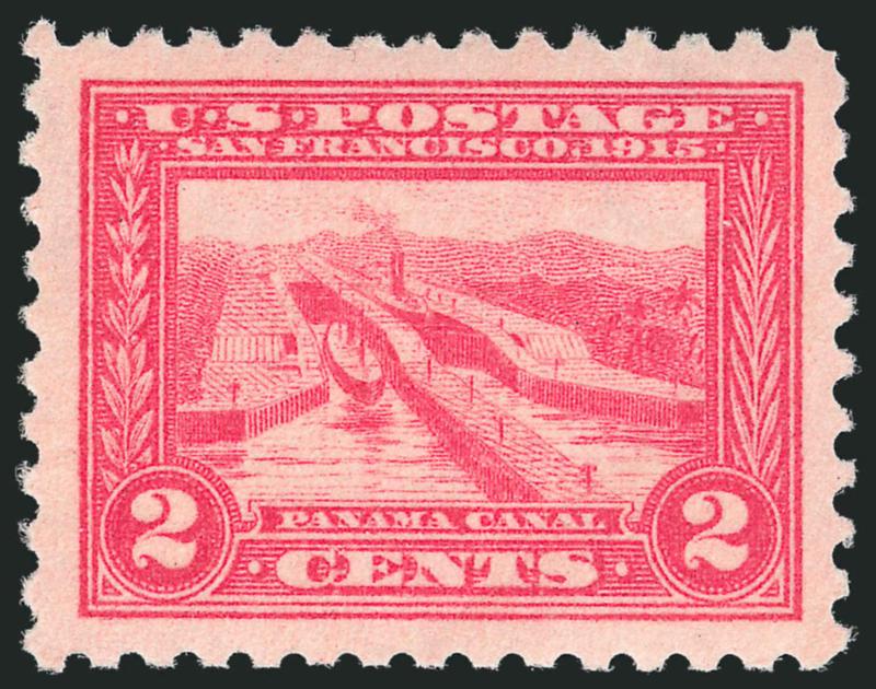 2c Panama-Pacific, Perf 10 (402).> Mint N.H., phenomenal color which jumps off of the paper, beautiful centering with Jumbo margins, Extremely Fine Gem, a superb stamp in every respect, with 2010 P.S.E.
certificate (XF-Superb 95 Jumbo SMQ $950.00 as