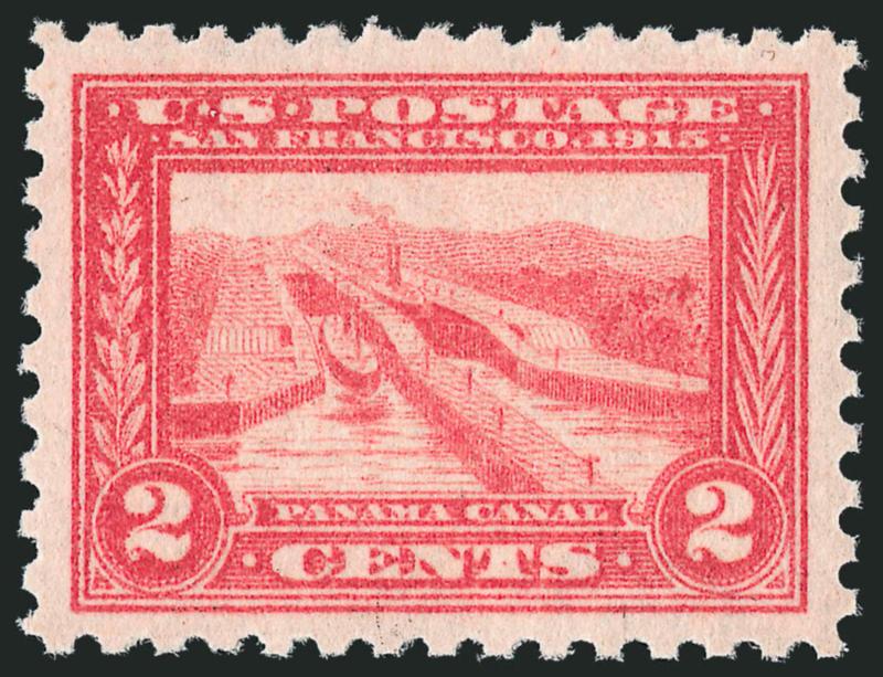 2c Panama-Pacific, Perf 10 (402).> Mint N.H., brilliant color and detailed impression, wonderfully well-centered with Jumbo margins, Extremely Fine Gem, with 2010 P.S.E. certificate (XF-Superb 95 Jumbo SMQ
$950.00 as 95, $2,800.00 as 98), only seven