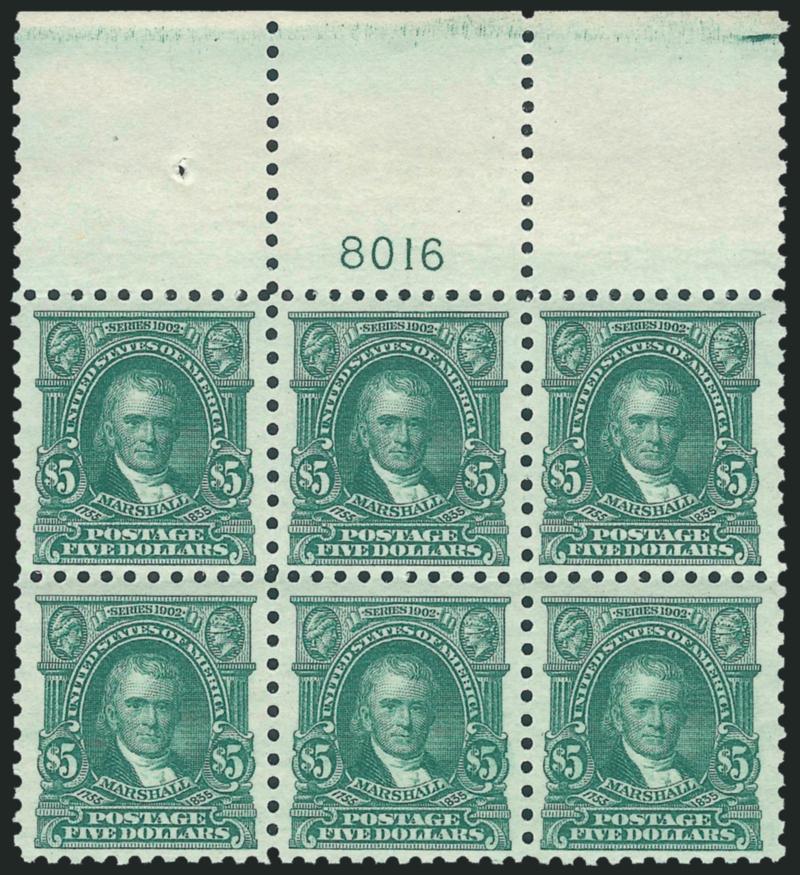 $5.00 Light Green (480).> Mint N.H. top plate no. 8016 block of six with wide selvage, rich color on post-office fresh paper, well-balanced margins<><>^VERY FINE AND CHOICE. A BEAUTIFUL AND SCARCE MINT
NEVER-HINGED WIDE TOP PLATE NUMBER BLOCK OF TH
