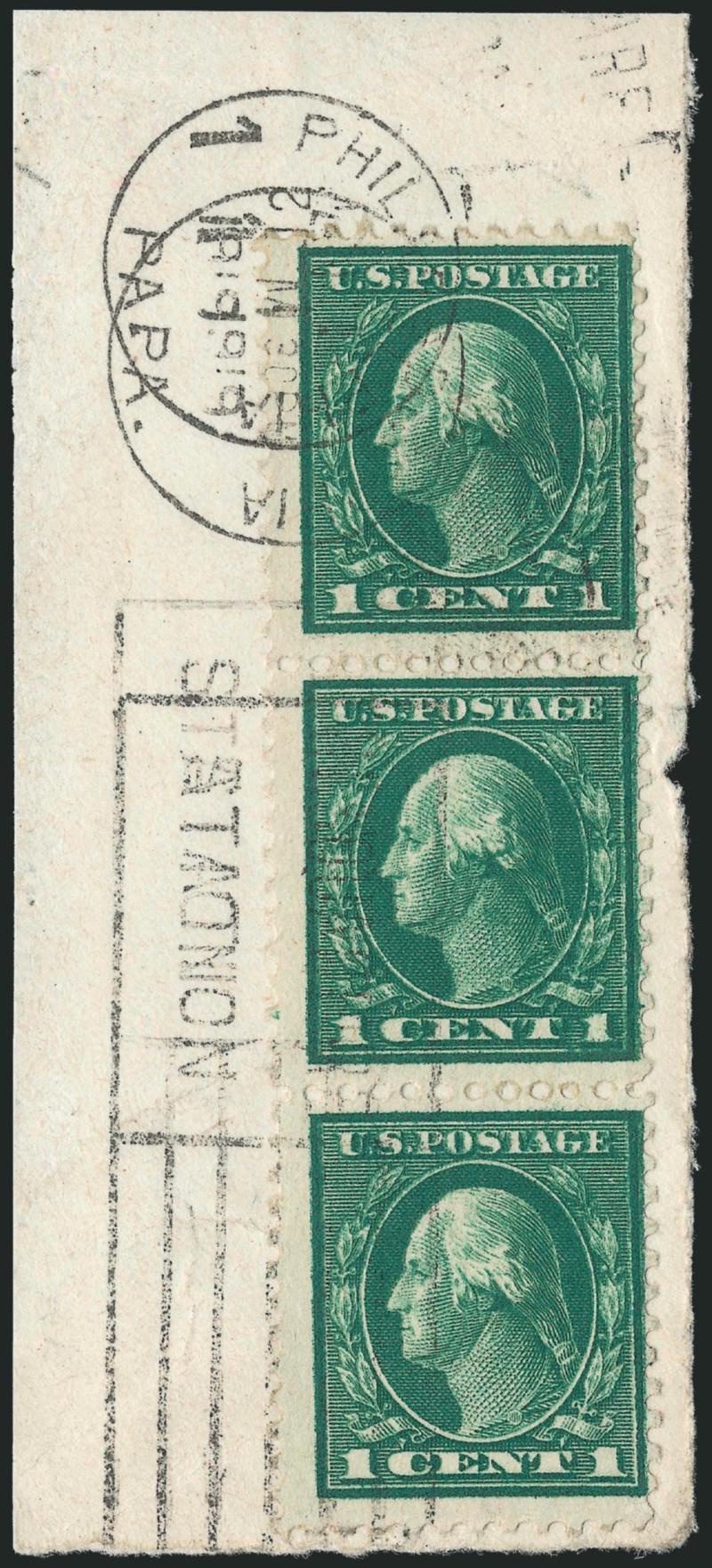1c Green, Double Impression (498d).> Vertical strip of three, tied by Philadelphia Pa. 1919 slogan machine cancels on piece, each stamp shows clear doubling of the design with the top stamp showing most
prominent doubling<><>^VERY FINE. THIS IS T