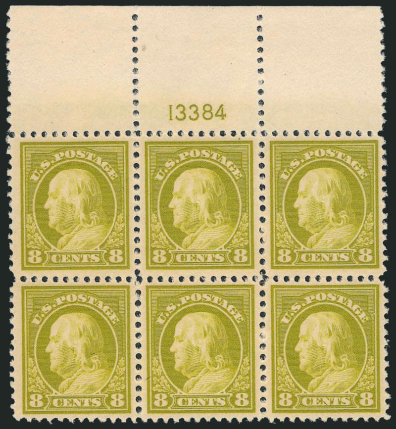 8c Olive Bister (508).> Mint N.H. top plate no. 13384 block of six with wide selvage, pretty shade, well-balanced margins throughout, Extremely Fine, an attractive Mint N.H. plate block, with 2010 P.S.E.
certificate