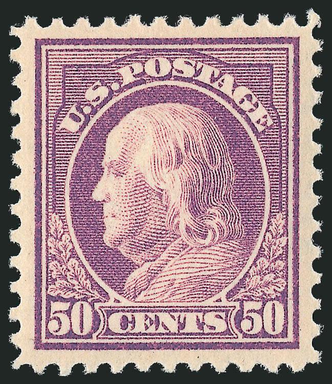 50c Red Violet (517).> Mint N.H., brilliant color on bright paper, near-perfect centering with unusually wide and balanced margins, Extremely Fine Gem, a superb stamp in every respect, with 2010 P.S.E.
certificate (Superb 98 SMQ $1,650.00)