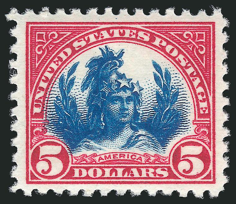 $5.00 Carmine Lake & Dark Blue (573a).> Mint N.H., perfect centering, fresh colors on crisp white paper<><>^EXTREMELY FINE GEM. A STUNNING MINT NEVER-HINGED EXAMPLE OF THE $5.00 1923 ISSUE IN THE SCARCER
SHADE.^<><>With 2010 P.S.E. certificate (S