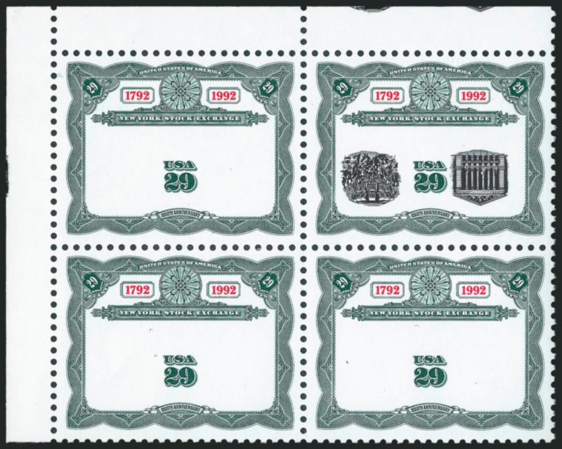 29c New York Stock Exchange Bicentennial, Center Inverted, Omitted (2630b, 2630c).> Mint N.H. block of four with <top left corner selvage,> the vignette omitted on three stamps and inverted at top right, also
showing trace of the vignette in the selv