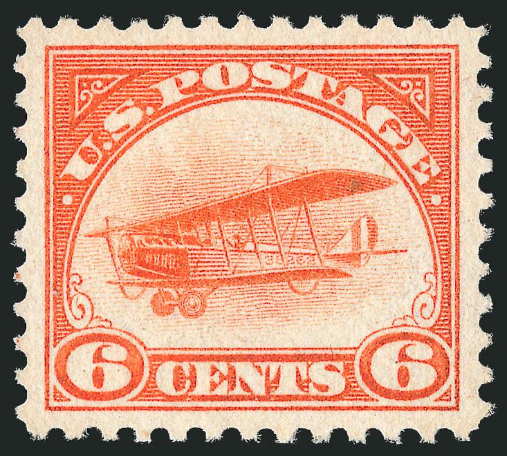 6c Orange, 1918 Air Post (C1).> Mint N.H., wide margins and beautifully centered, vivid color, Extremely Fine Gem, with 2010 P.S.E. certificate (XF-Superb 95 SMQ $410.00)
