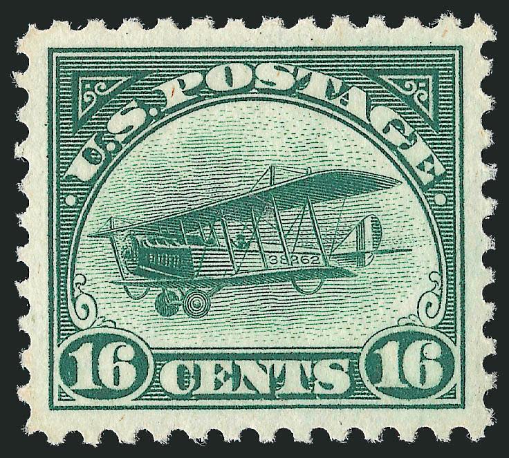16c Green, 1918 Air Post (C2).> Mint N.H., rich color and proof-like impression on post-office fresh paper, perfectly centered with wide and balanced margins, Extremely Fine Gem, a superb stamp in every
respect, with 2010 P.S.E. certificate (Superb 9