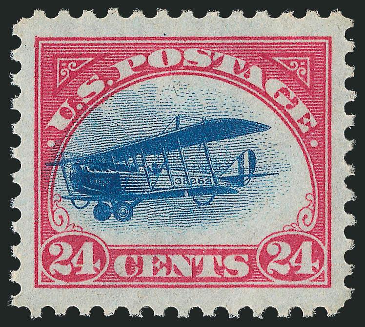 24c Carmine Rose & Blue, 1918 Air Post (C3).> Mint N.H., vignette shifted forwards approaching the fast plane variety, choice centering with Jumbo margins, Extremely Fine Gem, with 2010 P.S.E. certificate
(XF-Superb 95 Jumbo SMQ $410.00 as 95, $1,