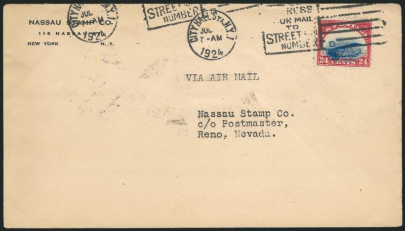 24c Carmine Rose & Blue, 1918 Air Post, Grounded Plane Variety (C3 var).> Strong Grounded Plane variety, tied by City Hall Sta. N.Y. Jul. 1, 7-AM 1924 machine cancel on cover to Reno Nev., typed Via Air Mail,
additional New York duplex on back of