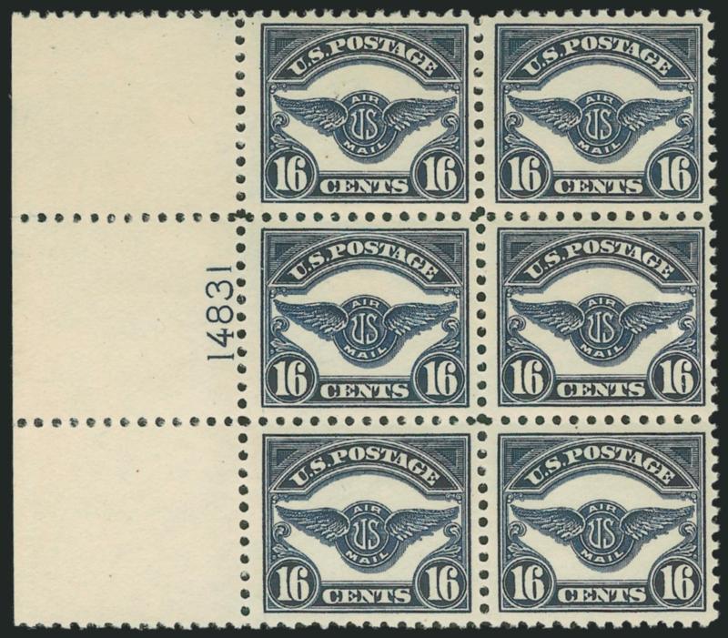 16c Dark Blue, 1923 Air Post (C5).> Mint N.H. left plate no. 14831 block of six, huge selvage, deep dark color on radiant paper, exceptionally fresh and intact, Very Fine, a choice plate block