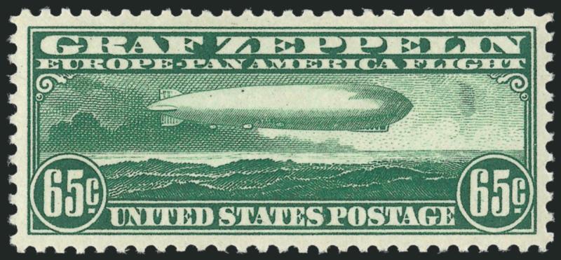 65c Graf Zeppelin (C13).> Mint N.H., rich color and proof-like impression, unusually choice centering, long and full perforations all around, Extremely Fine Gem, with 2010 P.S.E. certificate (Superb 98 SMQ
$1,650.00), only four have graded higher to
