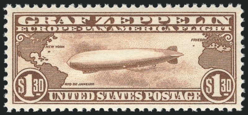 $1.30 Graf Zeppelin (C14).> Mint N.H., radiant color as fresh as the day it was printed, perfectly centered with wide and balanced margins<><>^EXTREMELY FINE GEM. A STUNNING MINT NEVER-HINGED EXAMPLE OF THE
$1.30 GRAF ZEPPELIN ISSUE.^<><>With 201