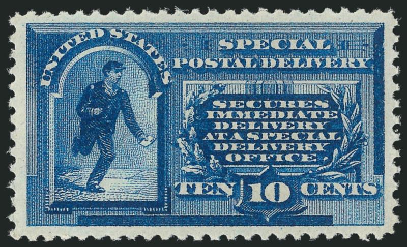 10c Blue, Special Delivery (E1).> Mint N.H., deep rich color on post-office fresh paper, gorgeous centering with wide and balanced margins<><>^EXTREMELY FINE GEM. A SUPERB MINT NEVER-HINGED EXAMPLE OF THE
FIRST RUNNING MESSENGER SPECIAL DELIVERY