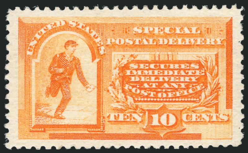 10c Orange, Special Delivery (E3).> Original gum, lightly hinged, vibrant color, almost perfectly centered with Jumbo margins all around, Extremely Fine Gem, P.S.E. encapsulated (XF-Superb 95 Jumbo SMQ $600.00
as 95, $1,250.00 as 98), as an indicato