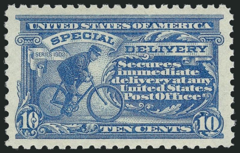 10c Pale Ultramarine, Special Delivery (E10).> Mint N.H., rich color on bright paper, magnificent centering with wide and balanced margins all around, post-office fresh<><>^EXTREMELY FINE GEM. A MAGNIFICENT
MINT NEVER-HINGED EXAMPLE OF THIS SPECIAL