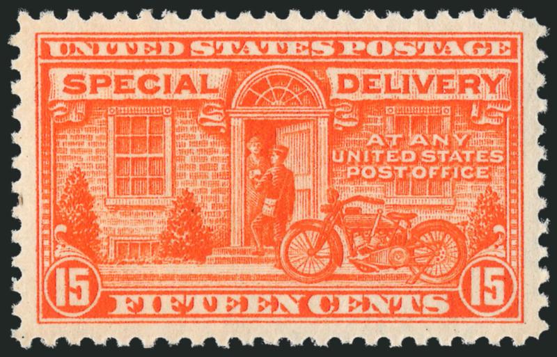 15c Deep Orange, Special Delivery (E13).> Mint N.H., wide margins and exceptionally choice centering, beautiful vivid color, Extremely Fine Gem, with 2010 P.S.E. certificate (Superb 98 SMQ $485.00), only one
example has graded higher to date (at 98J