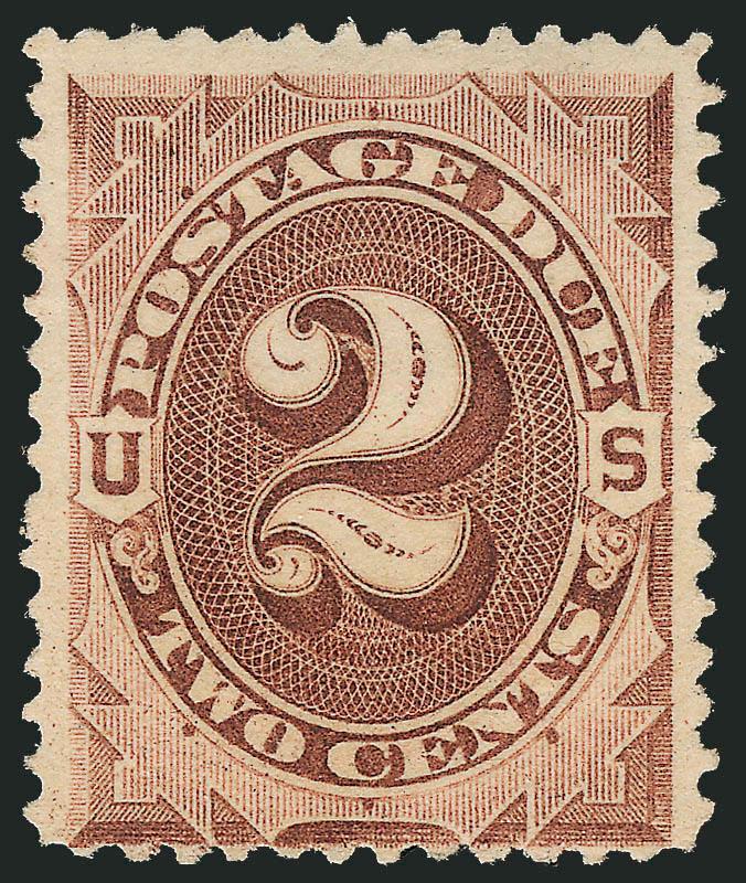 2c Deep Brown, Special Printing (J9).> Original gum, lightly hinged<><>^FINE. A SCARCE ORIGINAL-GUM EXAMPLE OF THE 2-CENT POSTAGE DUE SPECIAL PRINTING.^<><>The 1c, 2c and 3c are undoubtedly the rarest values
of the American Bank Note Co. Postage