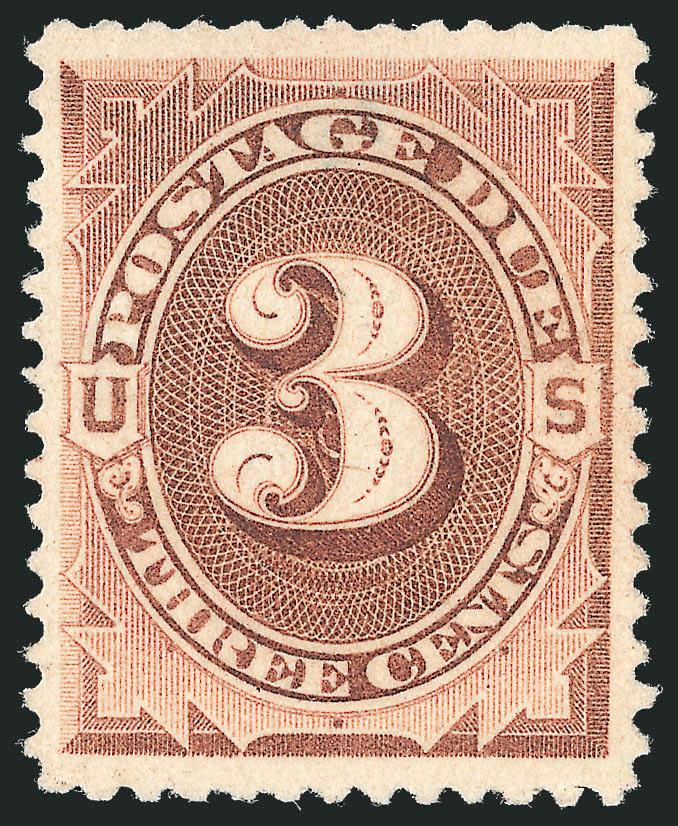 3c Deep Brown, Special Printing (J10).> Unused (no gum), bright color and detailed impression, choice centering for this difficult issue<><>^EXTREMELY FINE. THE 3-CENT IS POSSIBLY THE RAREST OF THE POSTAGE DUE
SPECIAL PRINTINGS, AND IS EXTREMELY EL