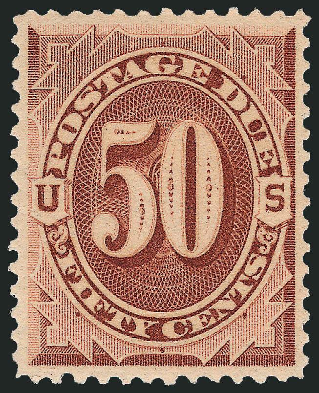 50c Red Brown (J21).> Mint N.H., bright and fresh color, detailed impression showing every nuance of the design, beautiful centering<><>^EXTREMELY FINE. A GORGEOUS MINT NEVER-HINGED EXAMPLE OF THE 50-CENT 1884
RED BROWN POSTAGE DUE.^<><>With 1990