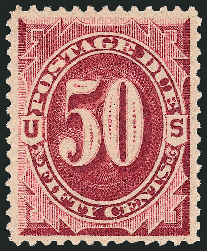 50c Bright Claret (J28).> Mint N.H., beautiful warm color on crisp paper, unusually wide margins<><>^EXTREMELY FINE MINT NEVER-HINGED EXAMPLE OF THE 1891 50-CENT POSTAGE DUE.^<><>With 2003 P.S.E. certificate
(XF 90 SMQ $2,400.00)