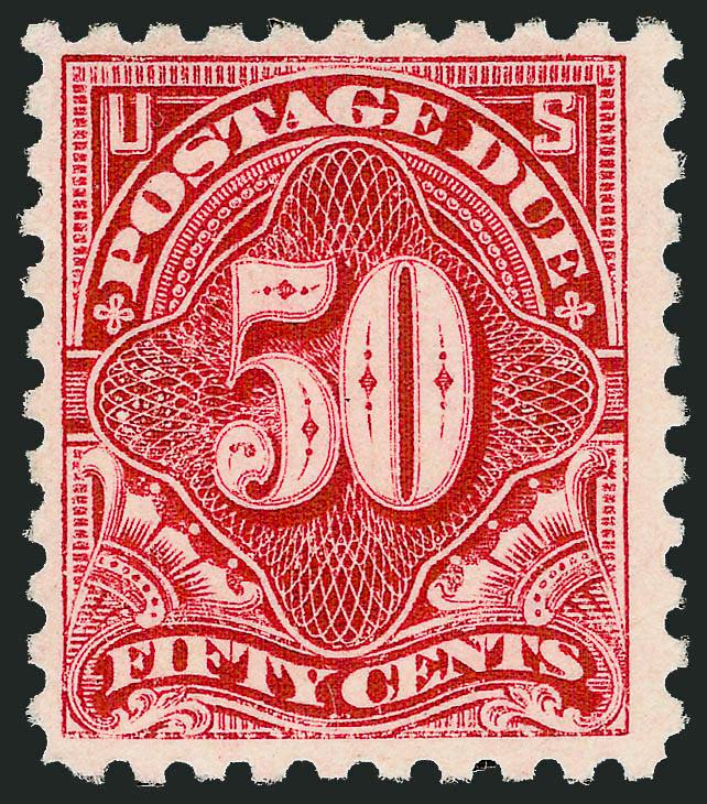 50c Carmine Lake (J58).> Original gum, barely hinged, brilliant color on post-office fresh paper<><>^VERY FINE. THE 1914 50-CENT POSTAGE DUE WITH ORIGINAL GUM IS ONE OF THE RAREST OF ALL POSTAGE DUE
STAMPS.^<><>Scott No. J58 has the highest catal