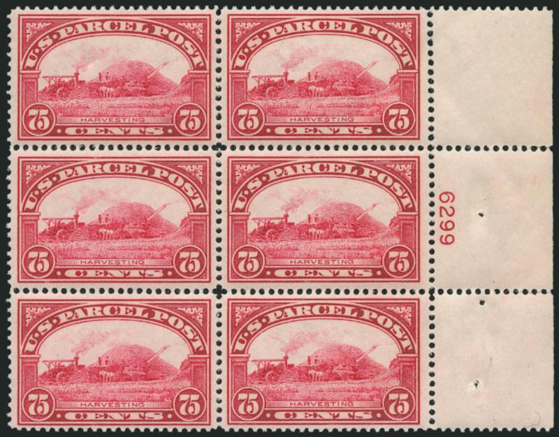 75c Parcel Post (Q11).> Mint N.H. right plate no. block of six, rich color, choice centering, natural perf disc dimple in top left stamp<><>^EXTREMELY FINE. A SCARCE MINT NEVER HINGED PLATE BLOCK OF THE
75-CENT PARCEL POST STAMP.^<><>As an indica