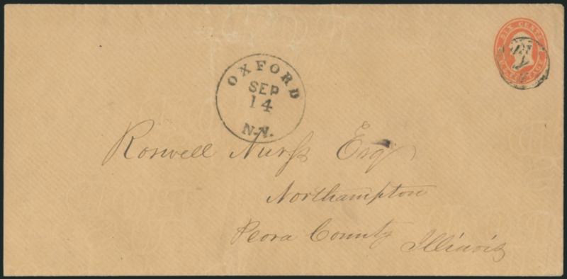 6c Red on Buff Star Die entire, Die 10 (U31 UPSS 63).> Size 21, knife 94, watermark 1, cancelled by grid in circle, Oxford N.Y. Sep. 14 circular datestamp and used to Northampton Ill., slightly reduced at
left, tiny tear at top, trivial wrinkling<