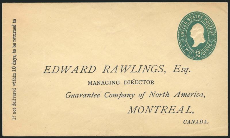 2c Green on Manila entire, Die 87 (U309 UPSS 921).> Size 7, knife 31, watermark 7, unused, printed address for Edward Rawlings, Esq., Managing Director, Guarantee Company of North America, Montreal, Canada,
deep rich color<><>^VERY FINE AND CHOI