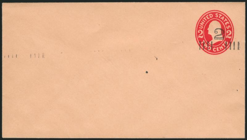 2c on 2c Carmine on Oriental Buff entire, Die 1, Surcharge Ty. 3 (U453C UPSS 2814).> Size 10, knife 57, watermark 15, unused, bright colors, few ink spots at left from surcharge (bars are visible at far
left)<><>^VERY FINE AND CHOICE EXAMPLE OF TH