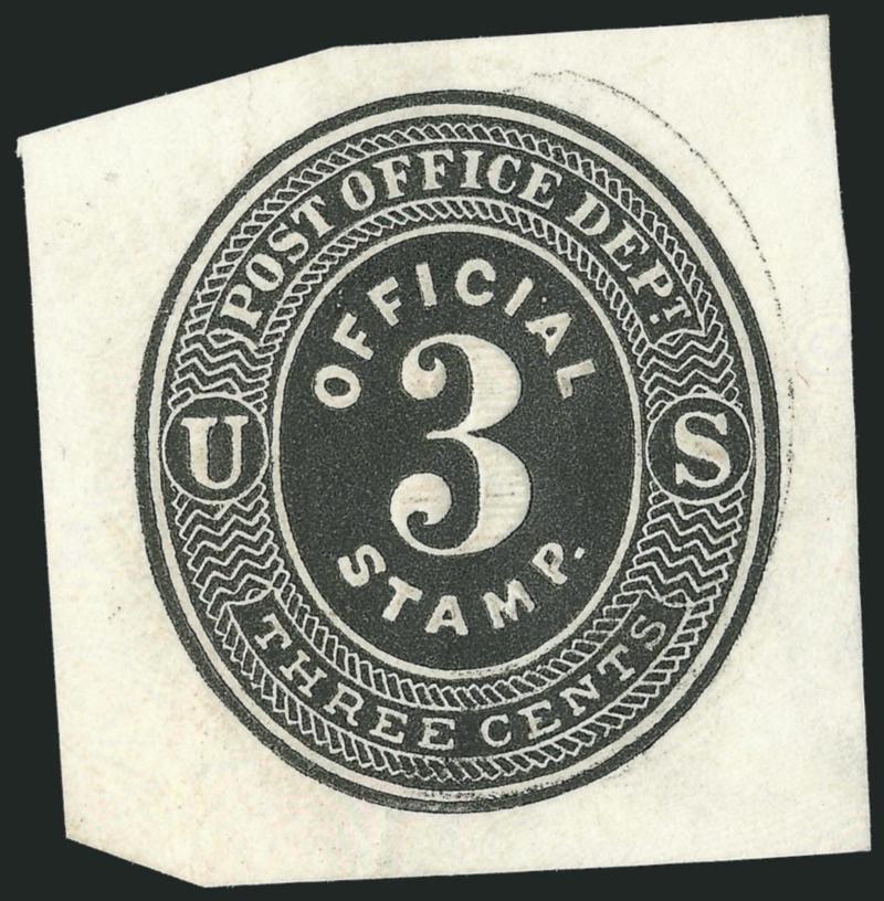 3c Black on White, Cut Square (UO3).> 32 x 33mm, top left and bottom left margins angled slightly inwards but well clear of design, expertly sealed tear at top left not mentioned on accompanying
certificate<><>^VERY FINE APPEARANCE. A RARE EXAMPLE