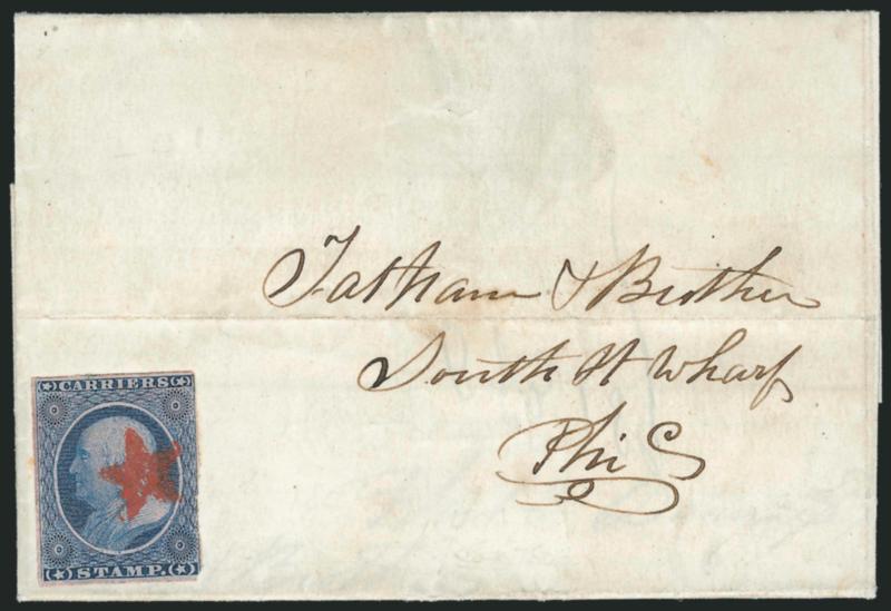 (1c) Dull Blue, Franklin Carrier (LO1).> Large margins to barely in at right, deep rich color and proof-like impression, cancelled by Philadelphia <red star>, used on December 3, 1851 folded letter datelined
in Philadelphia to <<Tatham & Brothers, S