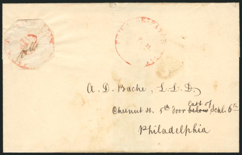 Philadelphia Despatch Post, Philadelphia Pa., 3c Red (15L1).> Octagonal margins just barely into circle in two places, bright white paper, cancelled by clear strike of large red 3 cancel (not tied), used on
undated folded cover to A. D. Bache at lo