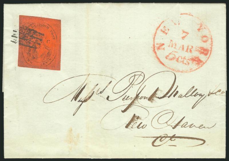 (Coles) City Despatch Post, New York N.Y., 2c Black on Vermilion Glazed, CC (40L6).> Large to huge margins, slightly oxidized (much less than usual), tied by 4-bar rectangular grid, red New-York 5 cts. 7 Mar.
integral-rate circular datestamp on