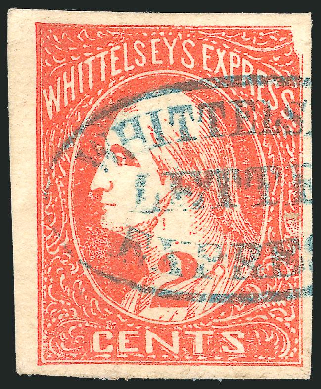 Whittelseys Express, Chicago Ill., 2c Red (146L1).> Large to huge margins, this position shows break in cliche at upper right, intense shade and impression, neatly cancelled by blue Whittelseys Letter Express
oval<><>^EXTREMELY FINE GEM. UNQUES
