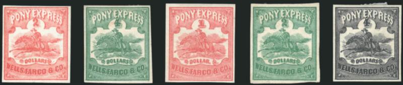 Wells, Fargo & Co. Pony Express, $1.00-$4.00 Horse & Rider Issues (143L1-143L5).> All five Horse & Rider stamps including $2.00 Red and $4.00 Green, First Issue (April 1861) and $1.00 Red, $2.00 Green and
$4.00 Black, Second Issue (July 1, 1861), eac