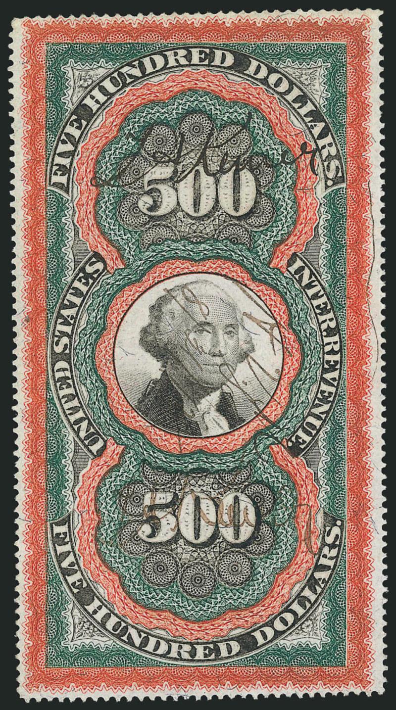 $500.00 Red Orange, Green & Black, Second Issue, Large Persian Rug (R133).> Choice centering with mostly wide margins, bright colors and detailed impressions, neat August 31, 1872 manuscript cancel, light
corner crease at upper left, tiny thin spot