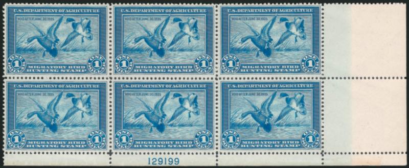 $1.00 1934 Hunting Permit (RW1).> Mint N.H. bottom right plate no. 129199 block of six, fresh, exceptionally well-centered and with only a minimal amount of natural gum bends and a few trivial natural gum
skips<><>^VERY FINE-EXTREMELY FINE. THE RA