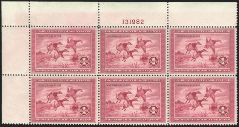$1.00 1935 Hunting Permit (RW2).> Mint N.H. top left corner plate no. 131982 block of six, brilliant color, unusually choice centering throughout<><>^VERY FINE MINT NEVER-HINGED PLATE BLOCK OF SIX OF THE 1935
$1.00 HUNTING PERMIT. ESPECIALLY DESIRA